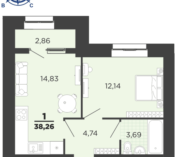 Однокомнатная квартира в Рязани, 45.70 м² на 3 этаже в ЖК Академик, корпус 2. Це