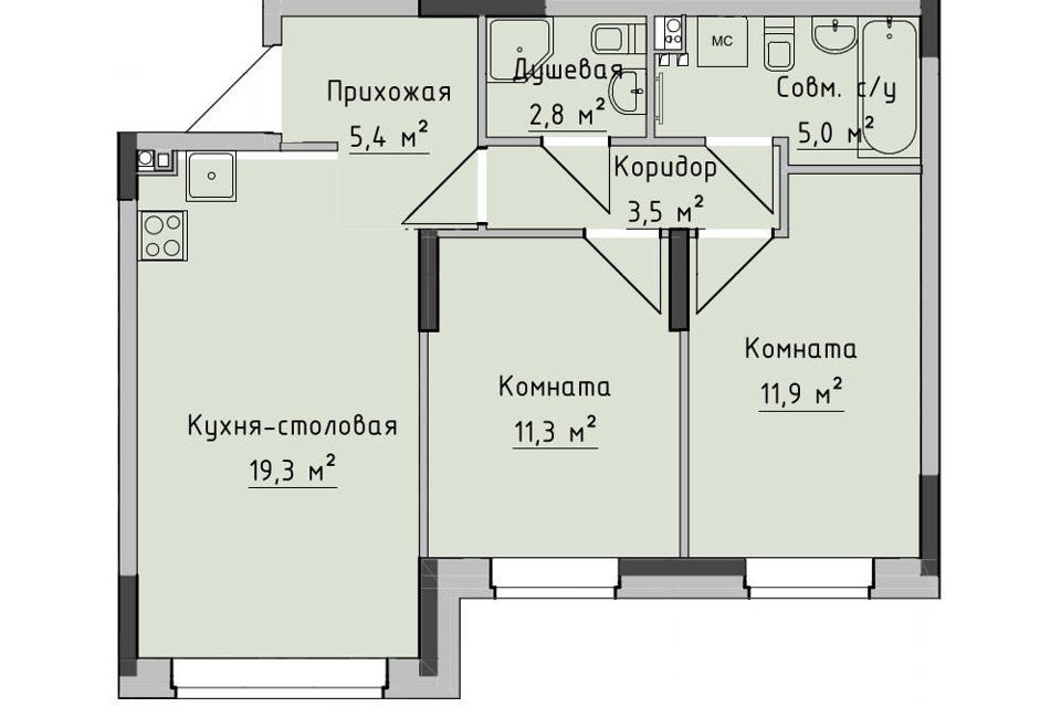 Продаётся 2-комнатная квартира, 59.3 м²