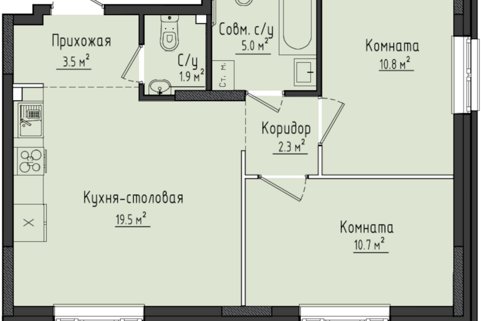 Продаётся 2-комнатная квартира, 53.8 м²