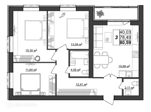 Продаётся 3-комнатная квартира, 80.59 м²