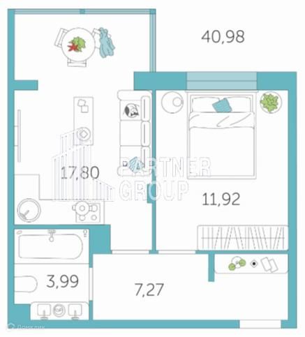 Продаётся 1-комнатная квартира, 40.98 м²