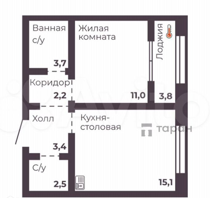 Продаётся 1-комнатная квартира, 41.7 м²