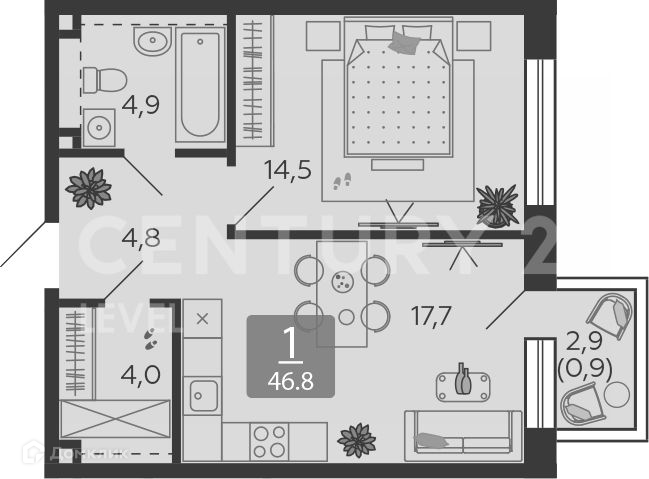 Продаётся 1-комнатная квартира, 43.5 м²