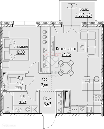 Продаётся 1-комнатная квартира, 50.57 м²