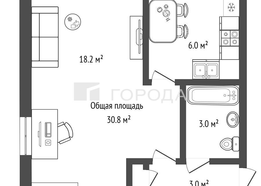 Продаётся 1-комнатная квартира, 30.8 м²