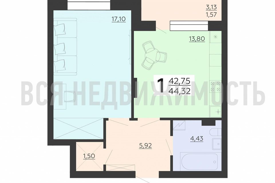 Продаётся 1-комнатная квартира, 42.75 м²