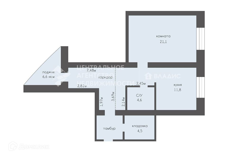 Продаётся 1-комнатная квартира, 54.1 м²