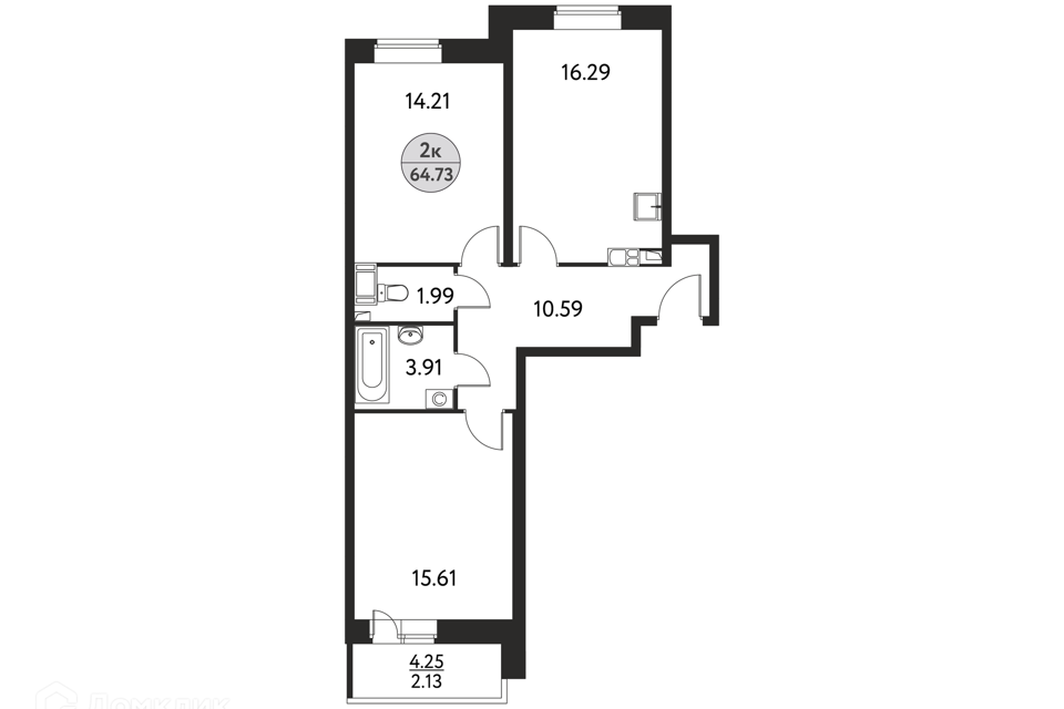 Продаётся 2-комнатная квартира, 64.73 м²