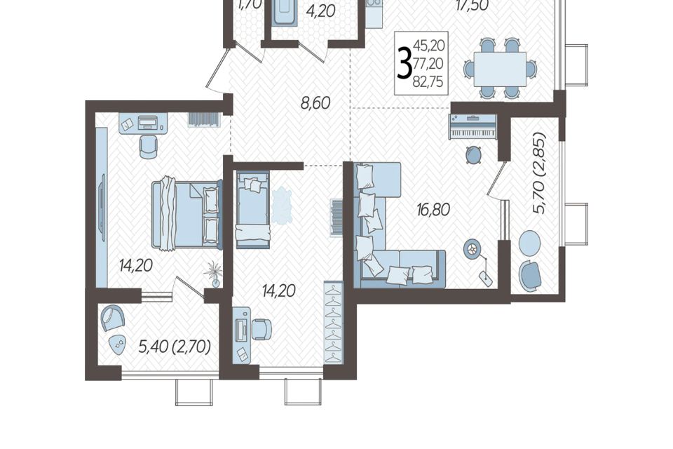 Продаётся 3-комнатная квартира, 82.75 м²
