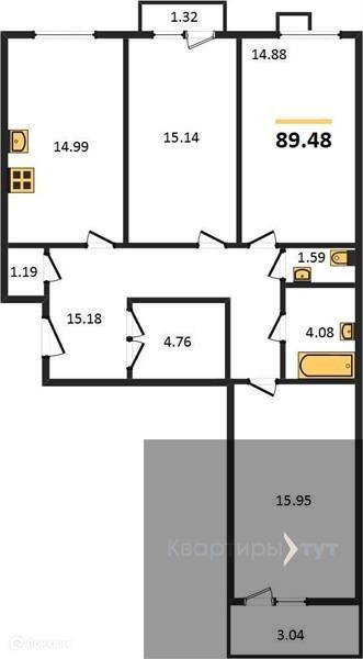 Продаётся 3-комнатная квартира, 89.48 м²