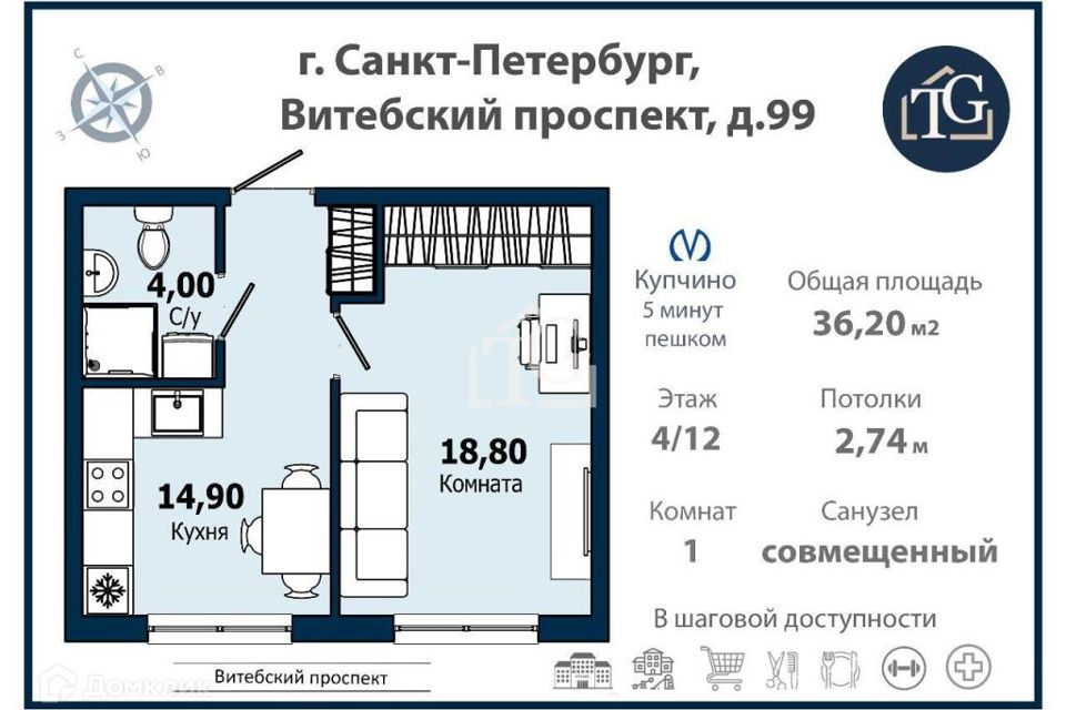 Продаётся 1-комнатная квартира, 36.2 м²