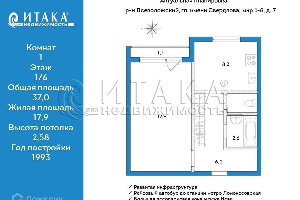 Продаётся 1-комнатная квартира, 37 м²