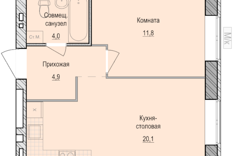 Продаётся 1-комнатная квартира, 40.8 м²