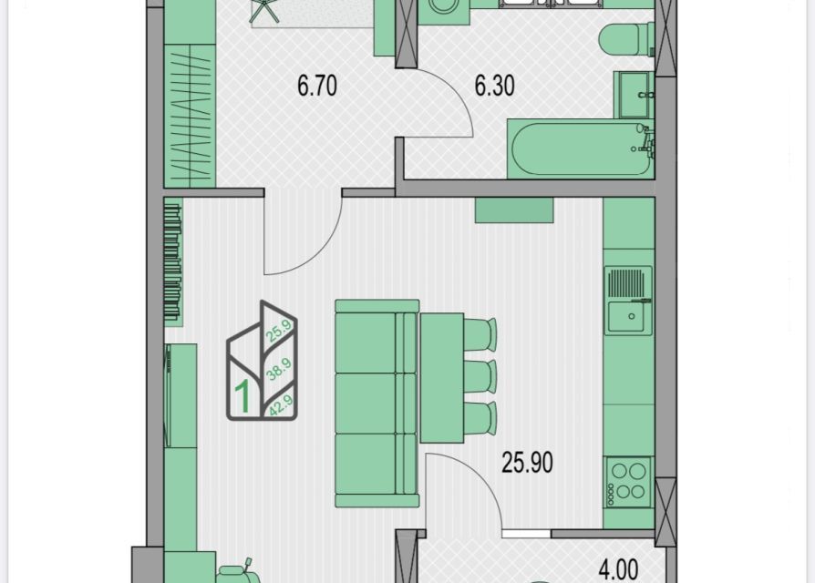 Продаётся 1-комнатная квартира, 42.9 м²