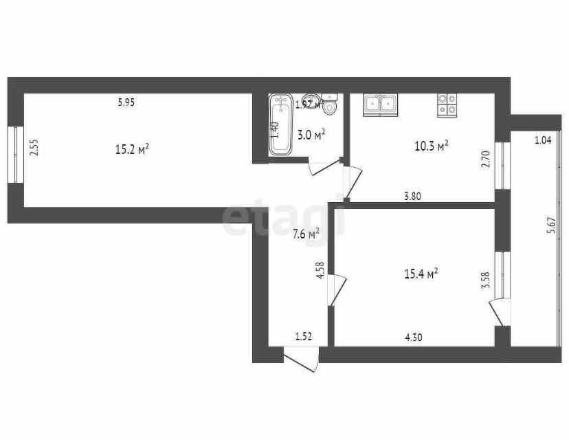 Продаётся 2-комнатная квартира, 51.4 м²