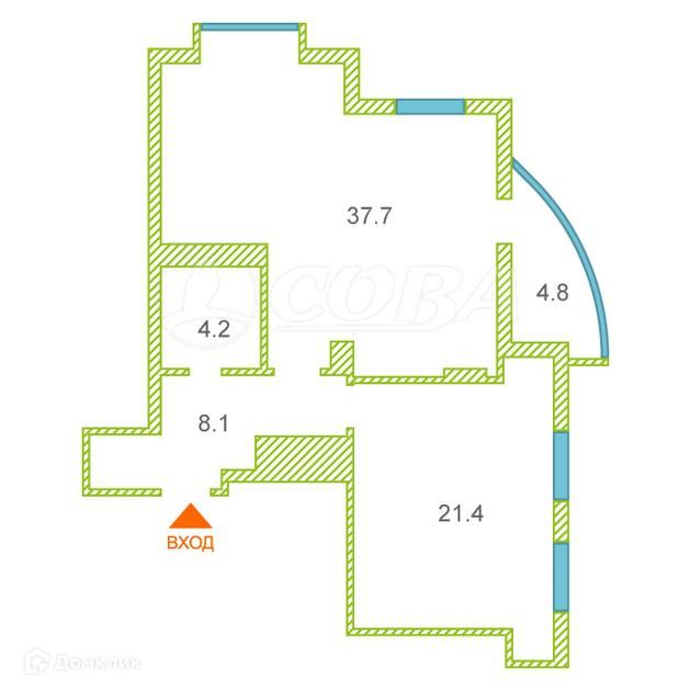 Продаётся 1-комнатная квартира, 72 м²