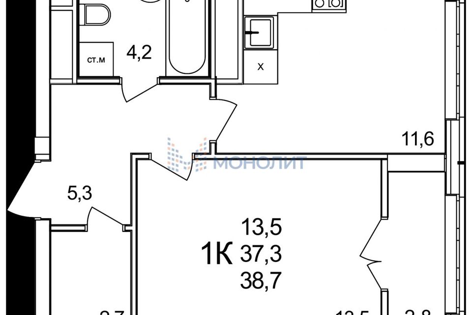 Продаётся 1-комнатная квартира, 38.7 м²