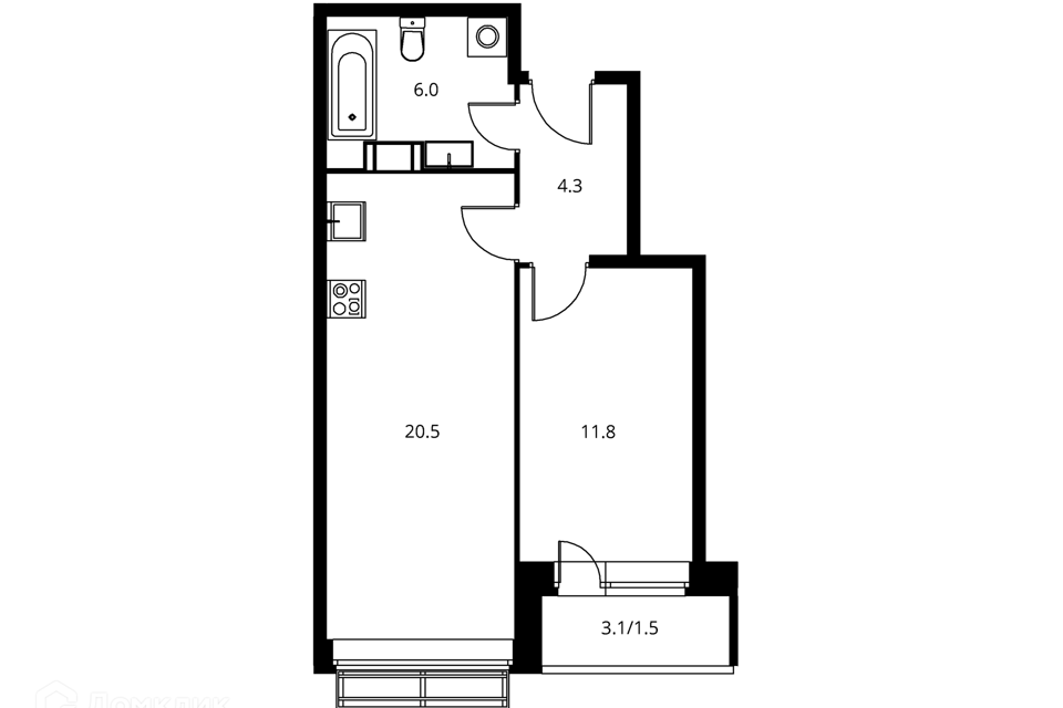 Продаётся 1-комнатная квартира, 45.1 м²
