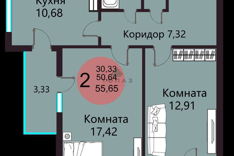 Продаётся 2-комнатная квартира, 55.65 м²