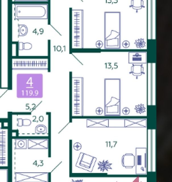 Продаётся 4-комнатная квартира, 119.9 м²