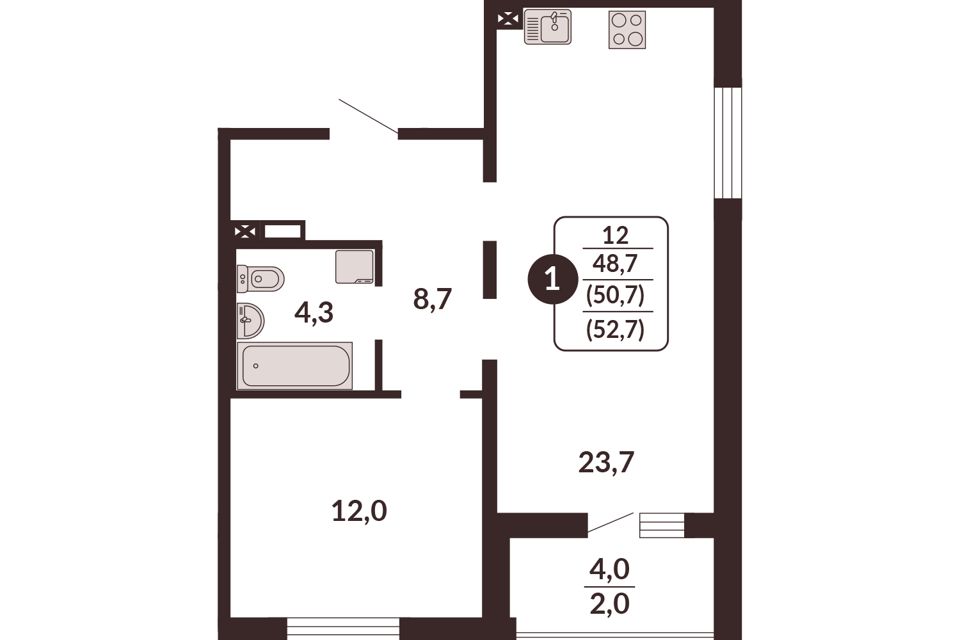 Продаётся 1-комнатная квартира, 50.7 м²