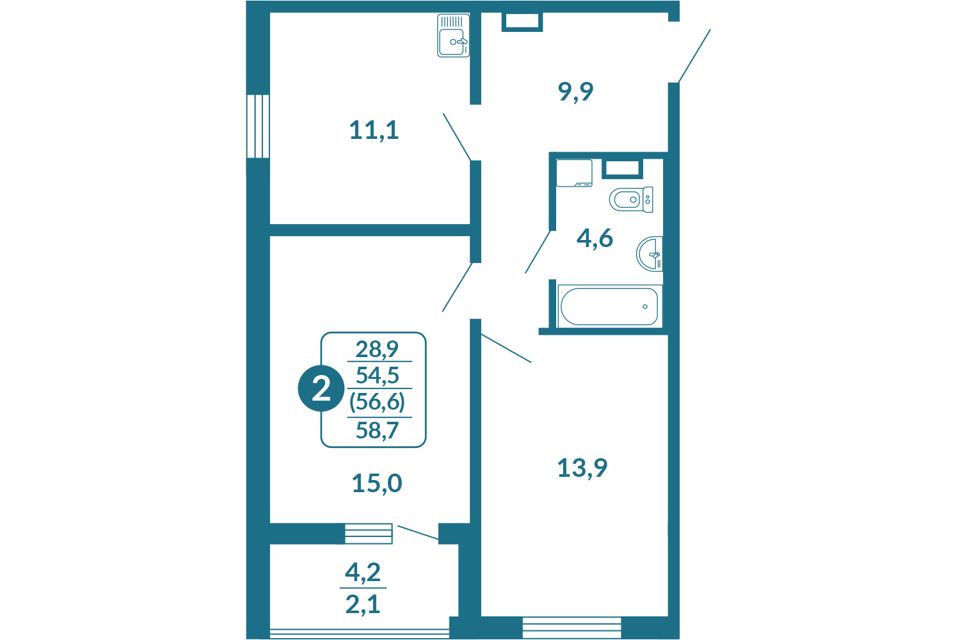 Продаётся 2-комнатная квартира, 56.6 м²