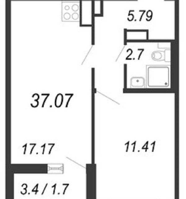 Продаётся 1-комнатная квартира, 37.07 м²