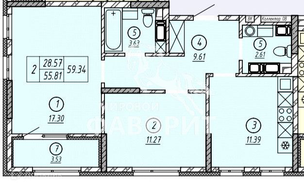 Продаётся 2-комнатная квартира, 59.34 м²