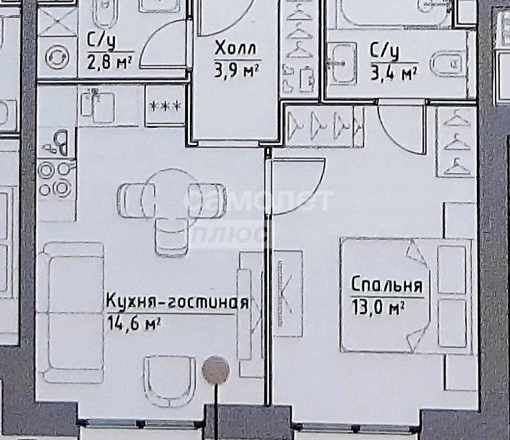 Продаётся 1-комнатная квартира, 38 м²