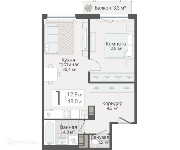 Продаётся 1-комнатная квартира, 48 м²