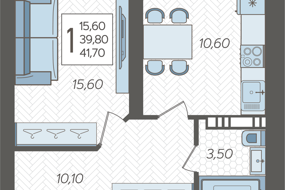 Продаётся 1-комнатная квартира, 41.7 м²