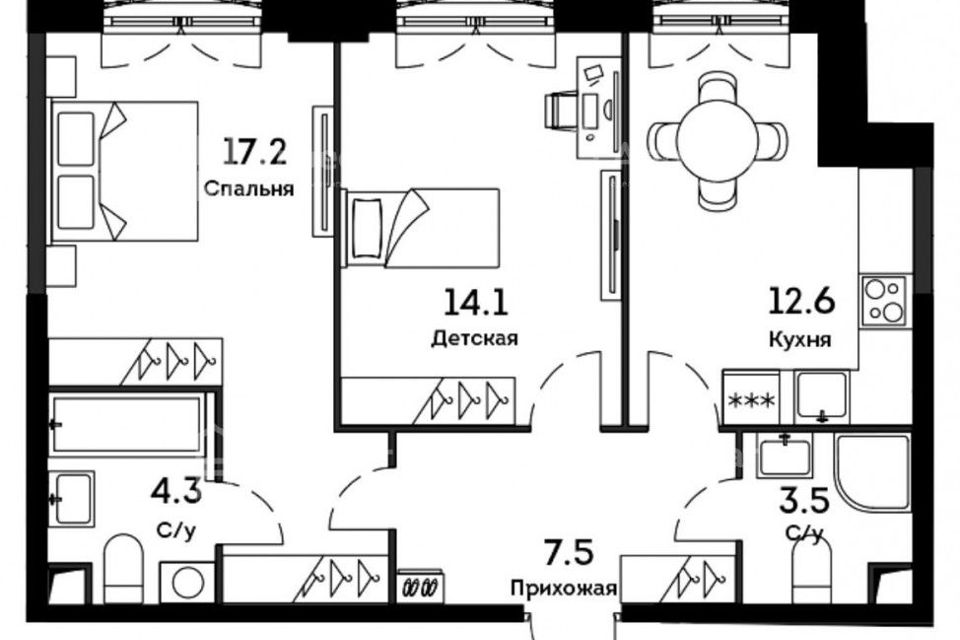 Продаётся 2-комнатная квартира, 59.2 м²