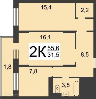 Продаётся 2-комнатная квартира, 55.6 м²