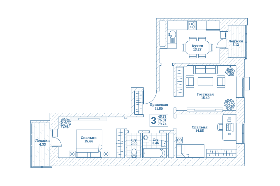 Продаётся 3-комнатная квартира, 79.9 м²