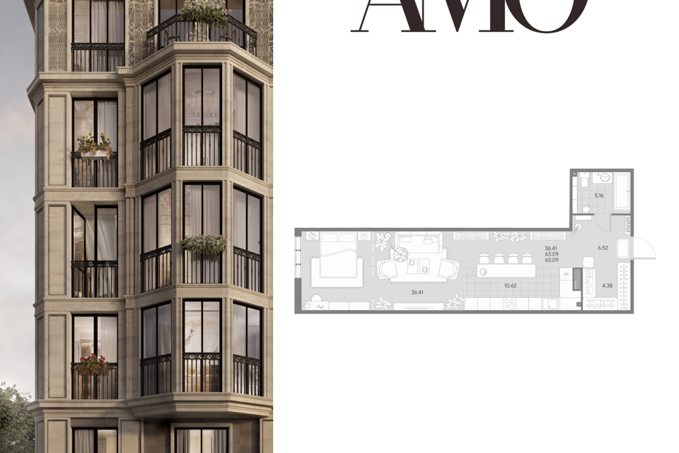 Продаётся 1-комнатная квартира, 61.7 м²