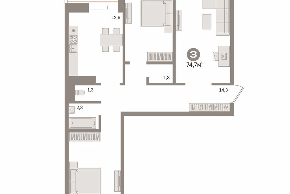 Продаётся 3-комнатная квартира, 74.7 м²