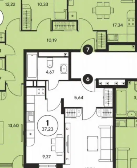 Продаётся 1-комнатная квартира, 37.23 м²