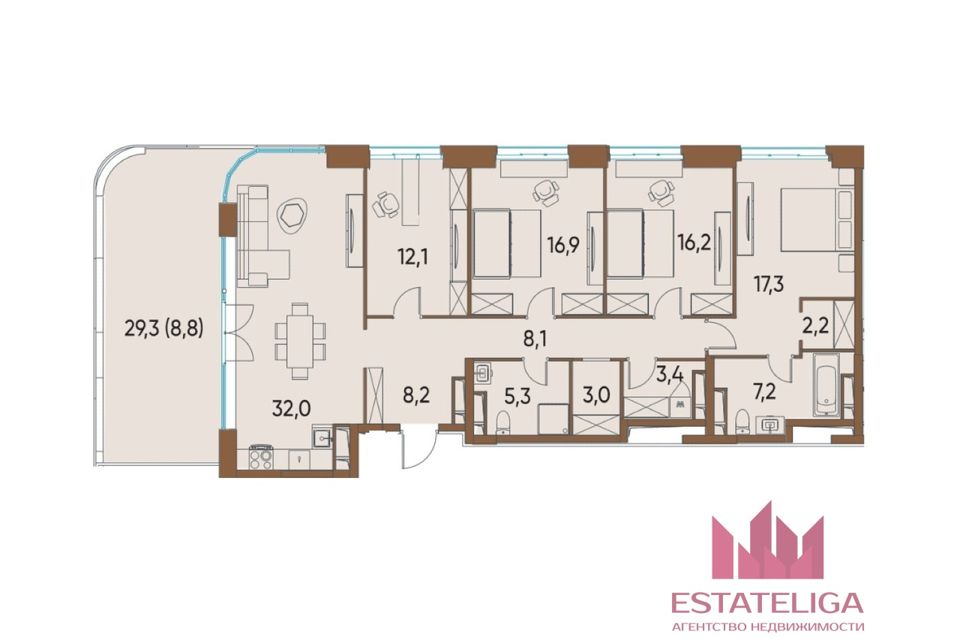 Продаётся 4-комнатная квартира, 164 м²