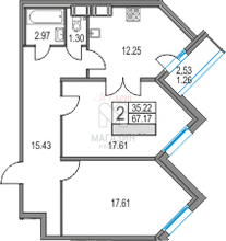 Продаётся 2-комнатная квартира, 68.43 м²