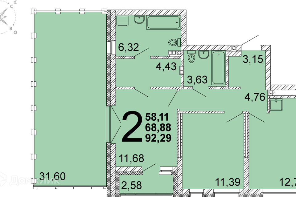 Продаётся 2-комнатная квартира, 68.2 м²