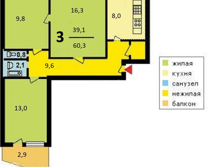 Продаётся 3-комнатная квартира, 60.3 м²