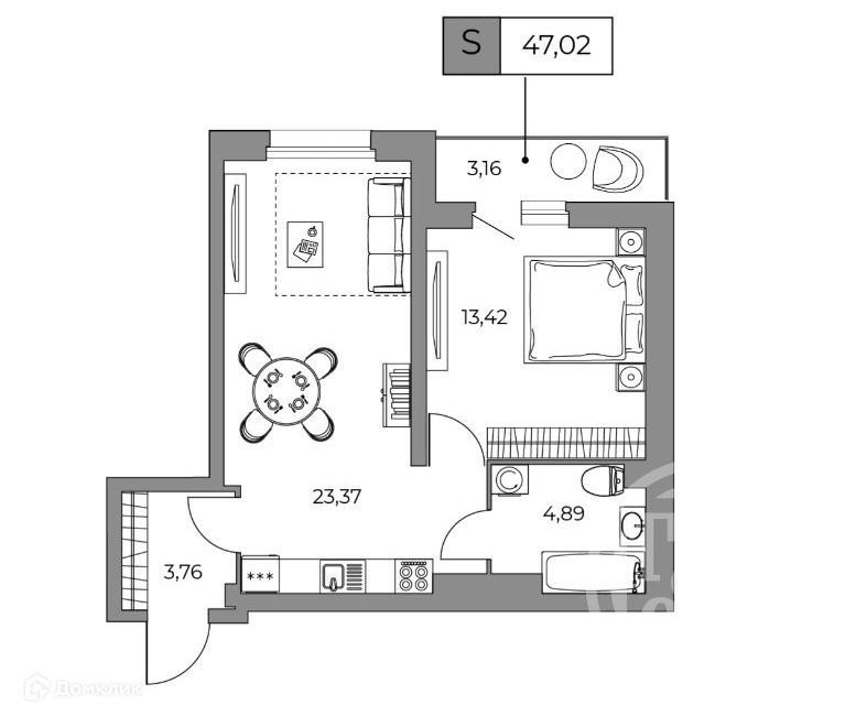 Продаётся 1-комнатная квартира, 47 м²