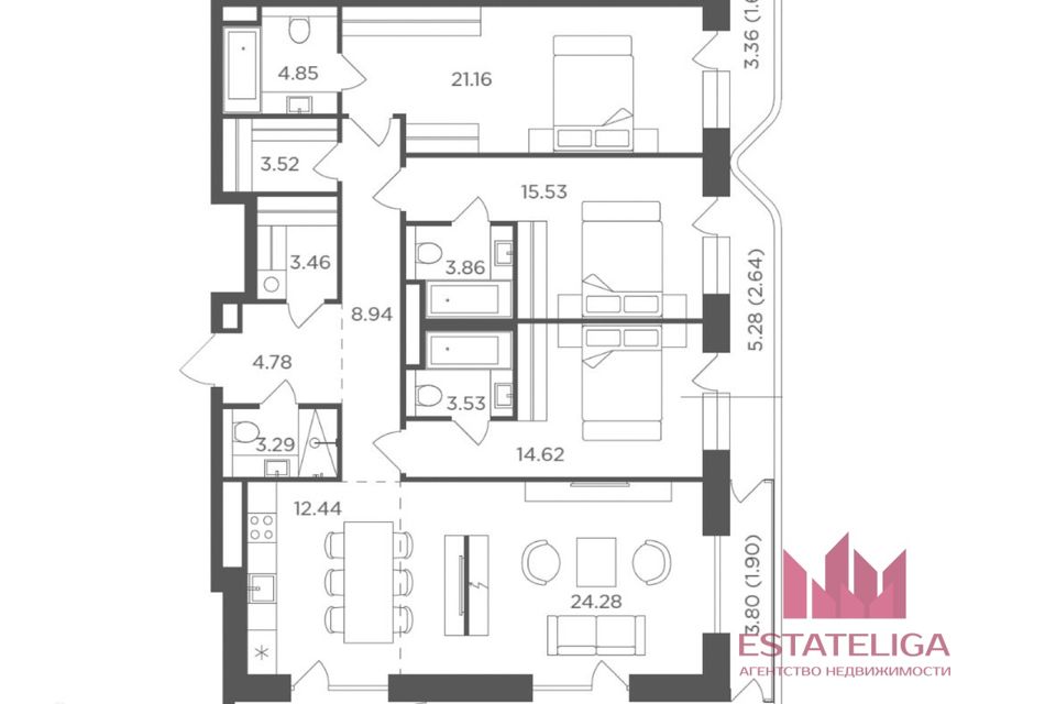 Продаётся 4-комнатная квартира, 124.3 м²