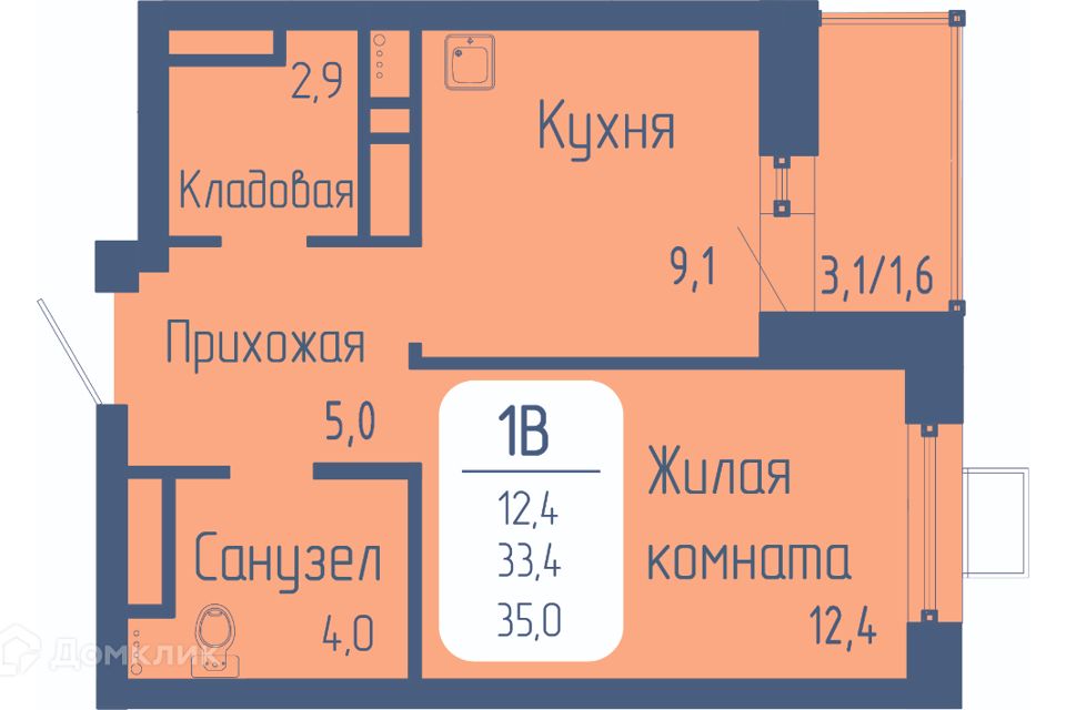 Продаётся 1-комнатная квартира, 35 м²