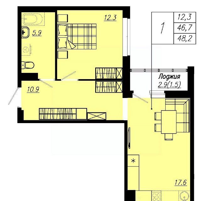 Продаётся 1-комнатная квартира, 46.1 м²
