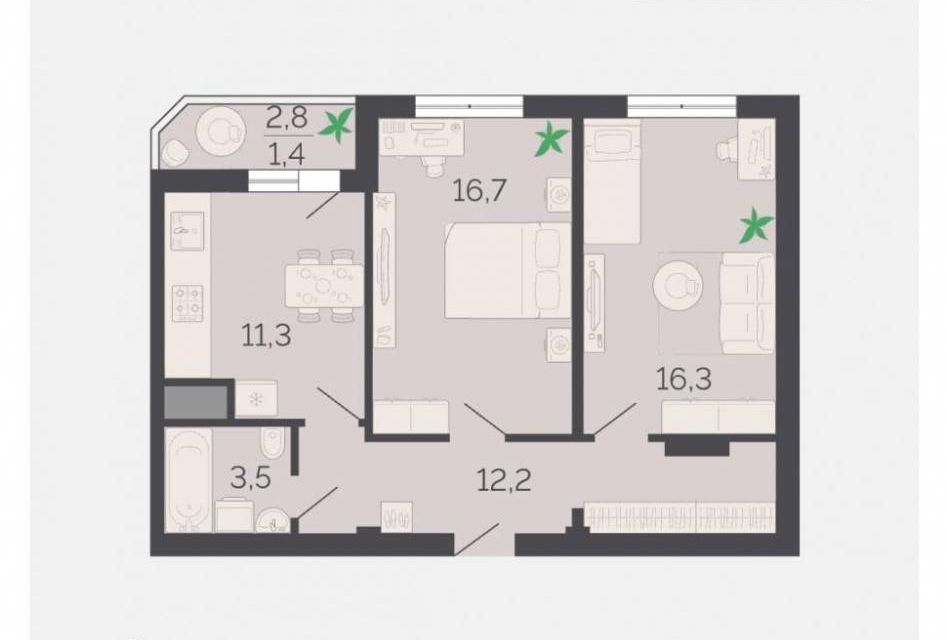 Продаётся 2-комнатная квартира, 61.4 м²