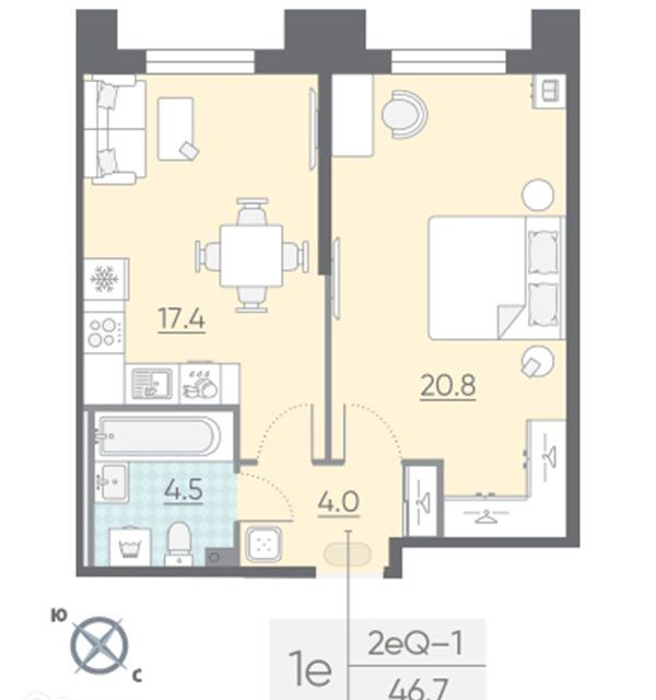 Продаётся 1-комнатная квартира, 46.7 м²