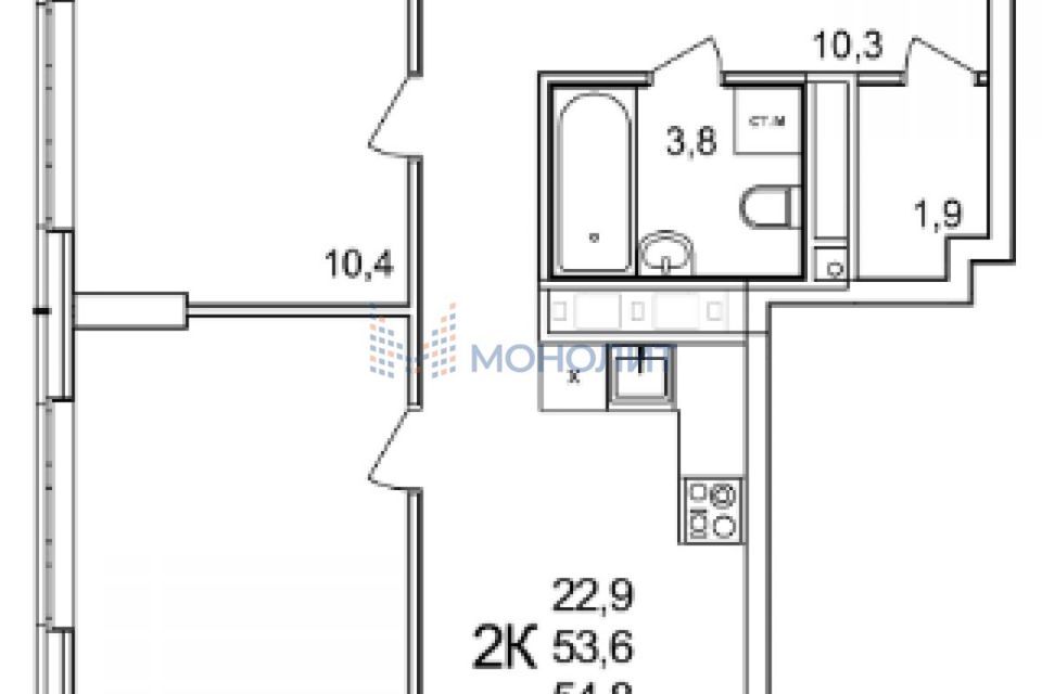 Продаётся 2-комнатная квартира, 54.8 м²