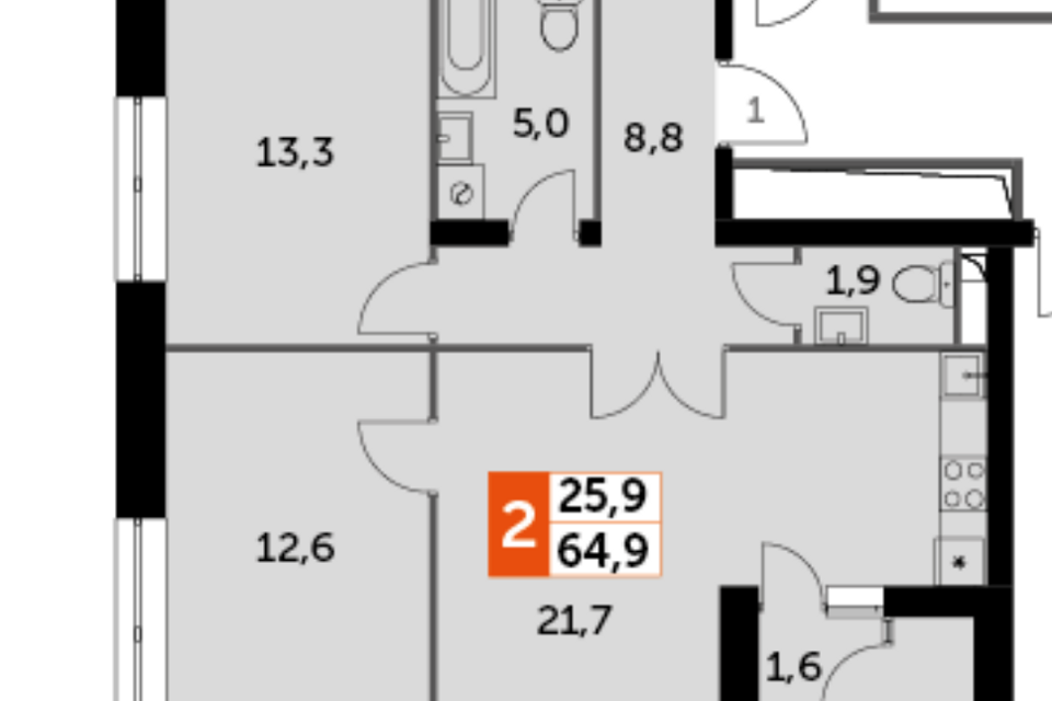 Продаётся 2-комнатная квартира, 64.9 м²