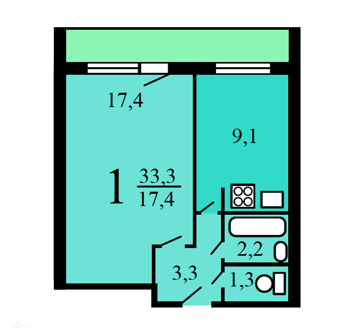 Продаётся 1-комнатная квартира, 32.3 м²